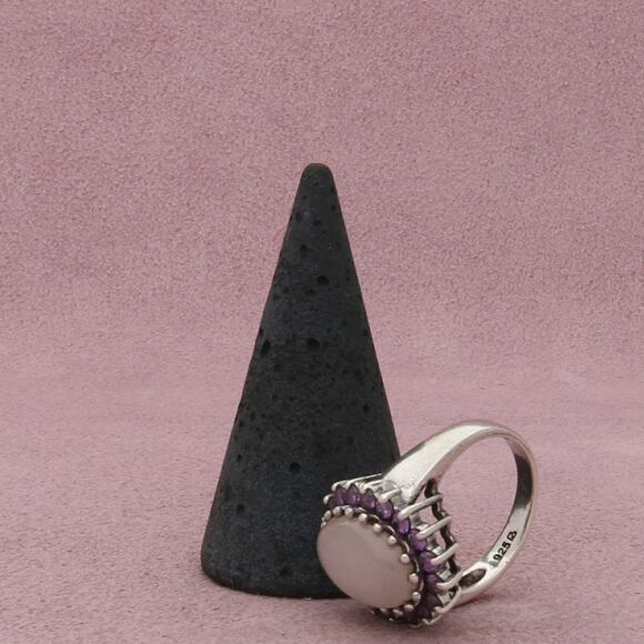 sterling silver purple jade cabochon & amethyst halo ring size 8 - Picture 3 of 3